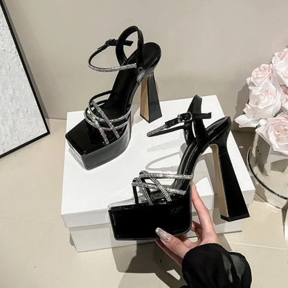 Aneikeh Summer New Cross Rhinestone with High Heels Platform Sandals Thick Heel Fashion Open Toe