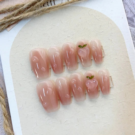 10Pcs Short Round Handmade Press On Nails Full Cover Peach Pink