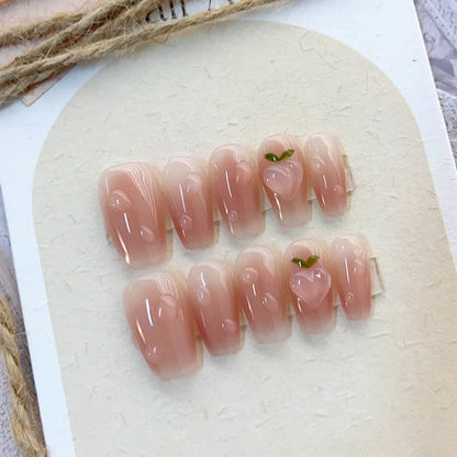10Pcs Short Round Handmade Press On Nails Full Cover Peach Pink