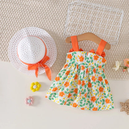 2Pcs/Set Baby Girl's Summer Camisole Dress 0-3 Years Old New Girls' Thin Style Western-Style Beach Dress With Grass Hat Included