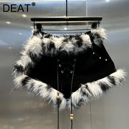 DEAT Fashion Women's Velvet Spliced Contrast Color Fur Shorts Low Waist Wide Leg Lace-up Short Pants
