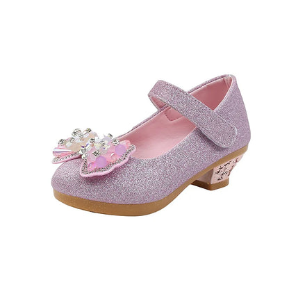 Kids Leather Shoe Sweet Princess Shoes for Girls with Rhinestone Bowtie Fashion Versatile Children's Shoes with Heels for Party