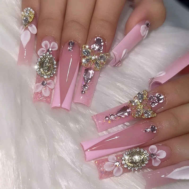 24Pcs Full Cover False Nails With Glue Long Square Coffin Fake Nails French Detachable Ballet Butterfly Pattern Design Press On