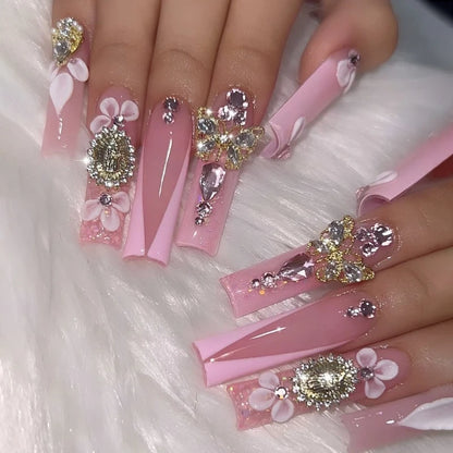 24Pcs Full Cover False Nails With Glue Long Square Coffin Fake Nails French Detachable Ballet Butterfly Pattern Design Press On