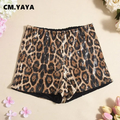 Women Sequined Leopard Print Sexy High Waist Leggings Shorts