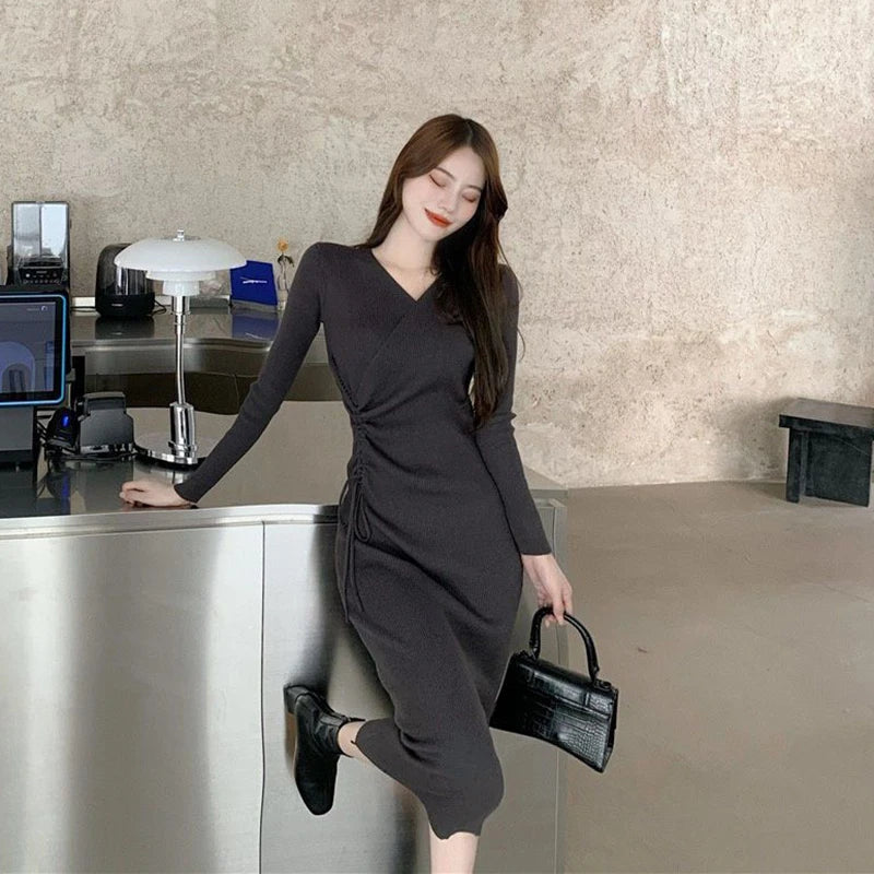 V-Neck Long Sleeve Knitting Dress Bodycon Midi Dress