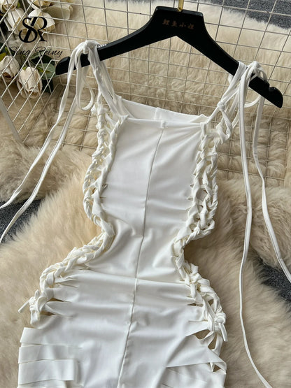 Slim Dress Lace Up Cross Bandage Design Backless Hollow Out Mini Dress