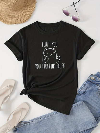 Cat Print Crew Neck T-Shirt, Casual Short Sleeve T-Shirt For Spring & Summer, Women's Clothing