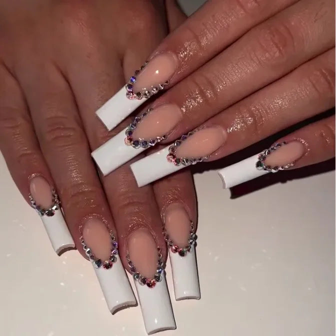 24Pcs Simple White French Press on Nails with Glue Long Ballet False Nails Wearable Coffin Fake Nails Full Cover Nail Tips