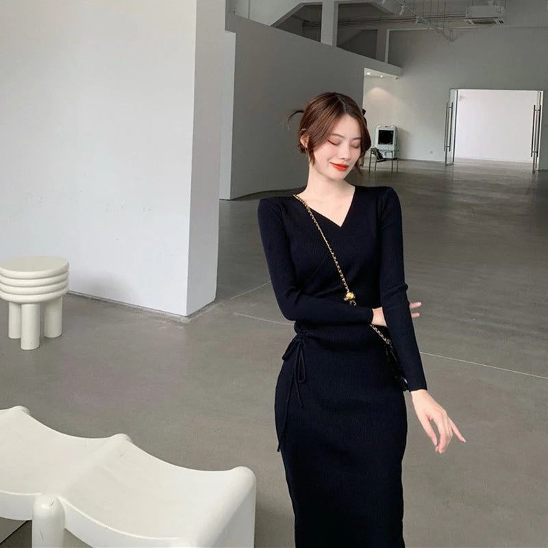 V-Neck Long Sleeve Knitting Dress Bodycon Midi Dress