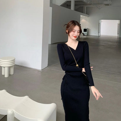 V-Neck Long Sleeve Knitting Dress Bodycon Midi Dress