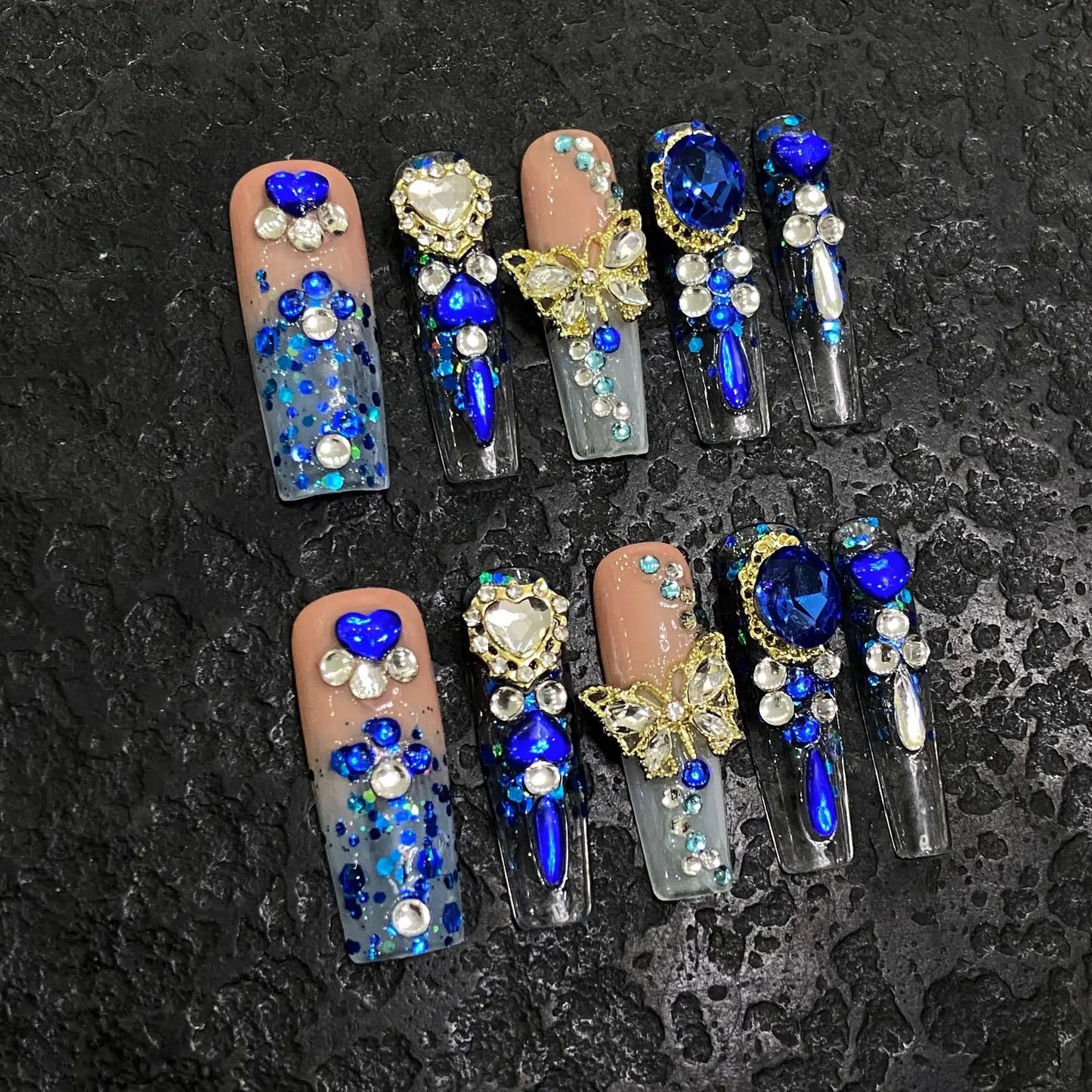 10Pcs Blue Handmade Press on Nails False Nails 3D Ocean Flower Full