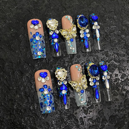 10Pcs Blue Handmade Press on Nails False Nails 3D Ocean Flower Full