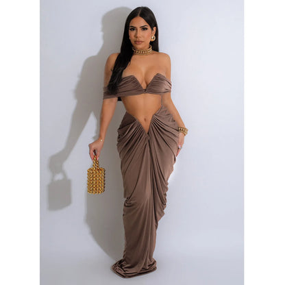 Summer Strapless Top And Slim-Fit Maxi Dress Suit Solid Color Ladies Two-Piece Outfits