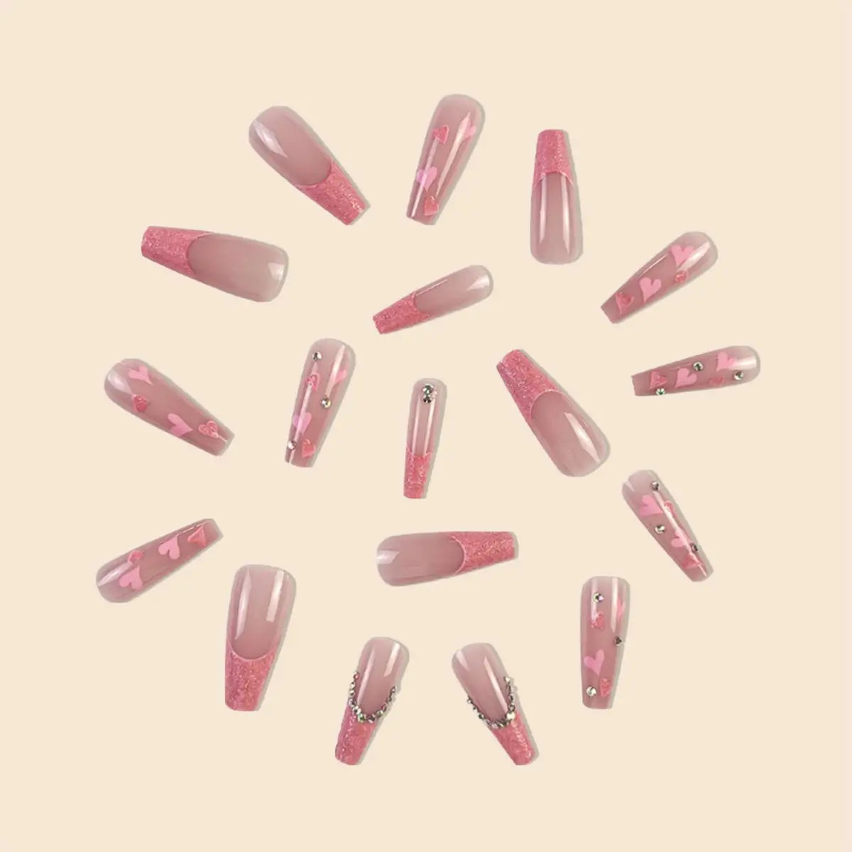 24Pcs/Long Ballet French Heart Glitter Stone Decoration Nail Press on Nail
