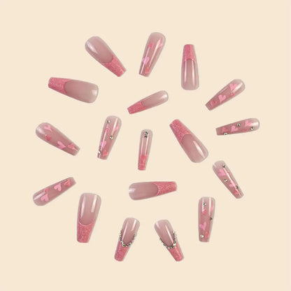 24Pcs/Long Ballet French Heart Glitter Stone Decoration Nail Press on Nail