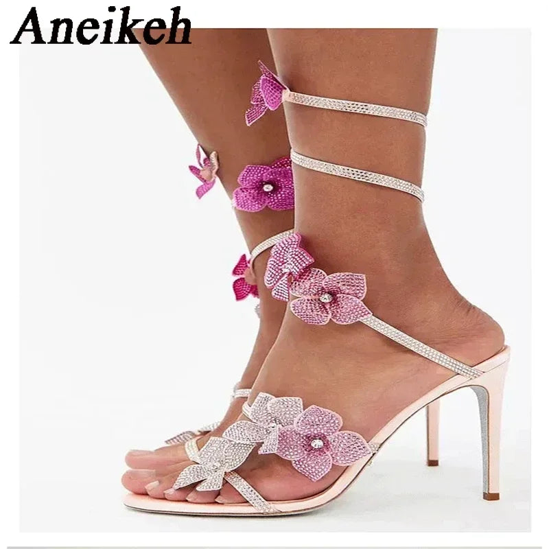 Aneikeh Sexy CRYSTAL Flower Narrow Band Ankle Strap Sandals Woman Thin High Heels Street Style  Pole Dancing Ladies Shoes