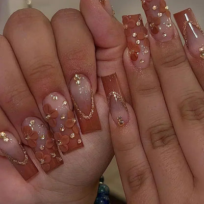 24Pcs White French False Nails Long Coffin Flower Butterfly with Rhinestones French Design Wearable Fake Nails Press on Nails