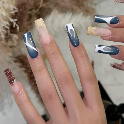 24Pcs Long Ballet Square False Nails Simple French 3d Curve Design Fake Nails Wearable Press on Fake Nails Full Cover Nails Tips