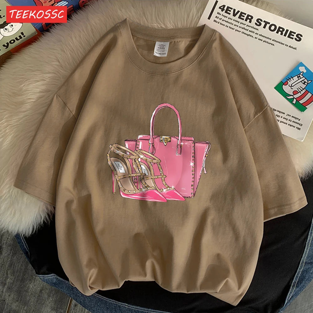 Fashionable Bags And Pink High Heels Print Men Tees Graphic Art T-Shirts High-Quality Cotton Tee Shirt Cotton Loose Clothing