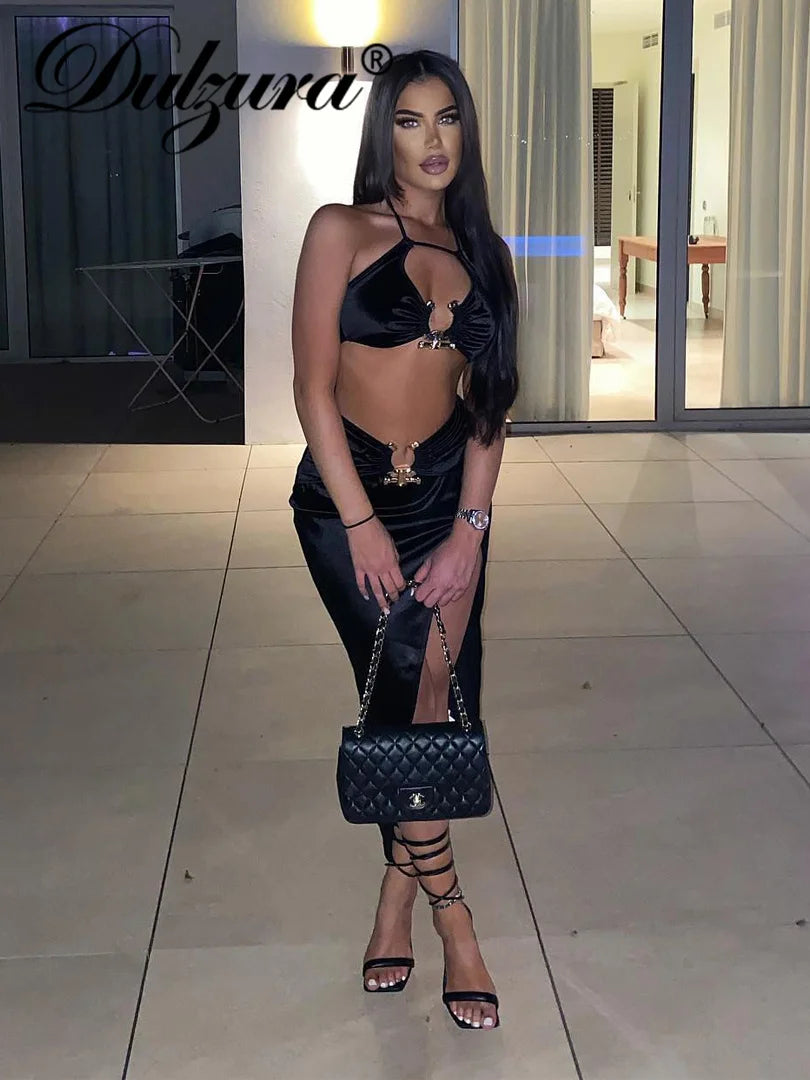 2 Piece Sets Lace Up Sleeveless Backless Crop Top High Waist Side Slit Midi