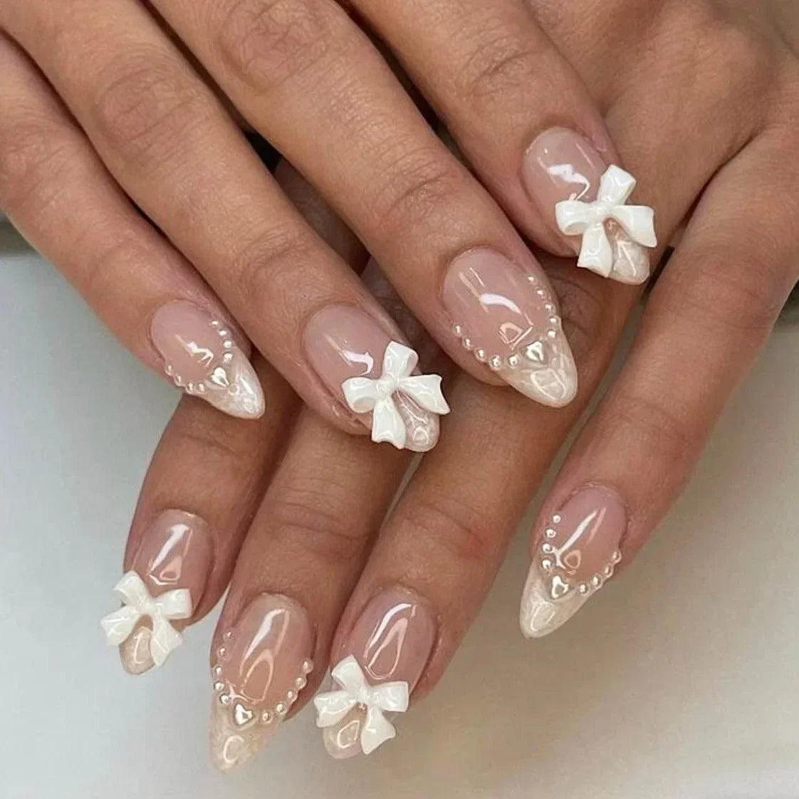 24Pcs Pink Almond French Press on Nails With 3D Bow ripple charms Design Fake Nails Ballerina False Nails Full Cover Nail Tips