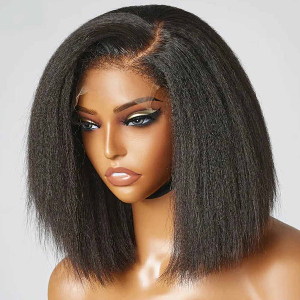 Glueless Kinky Straight 13x4 Lace Front Wig Short Bob Human Hair PrePlucked Wig