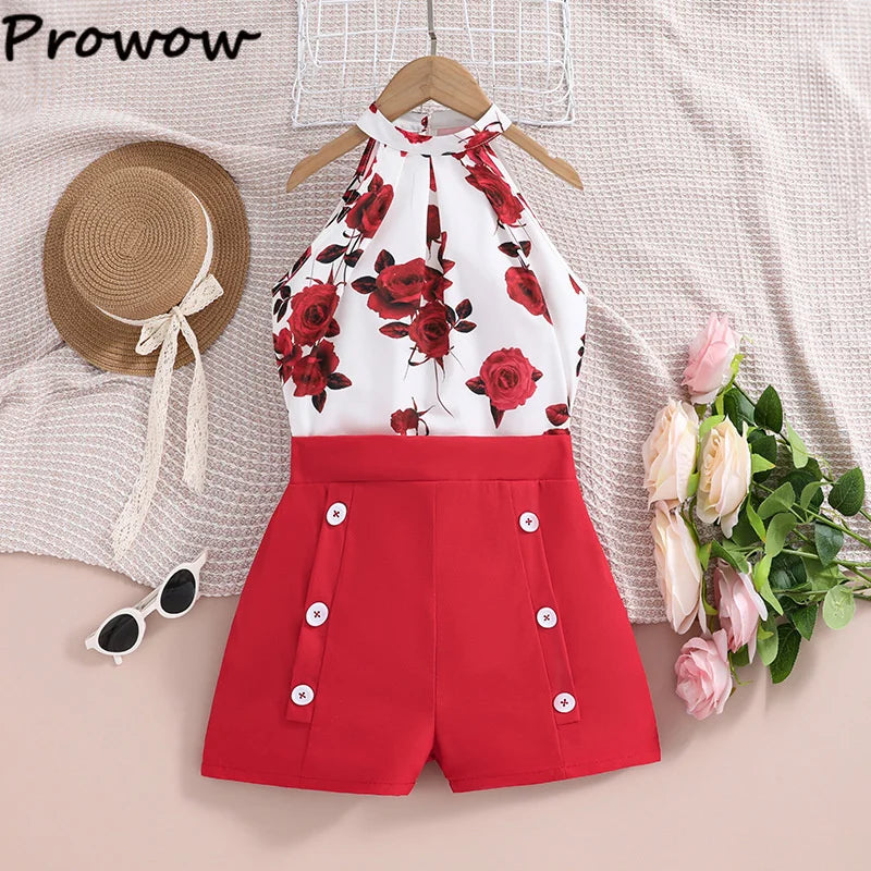 4-12Y Summer Sets For Girls Outfits Sleeveless Halter Neck Heart Top and Black Shorts Children Teenager