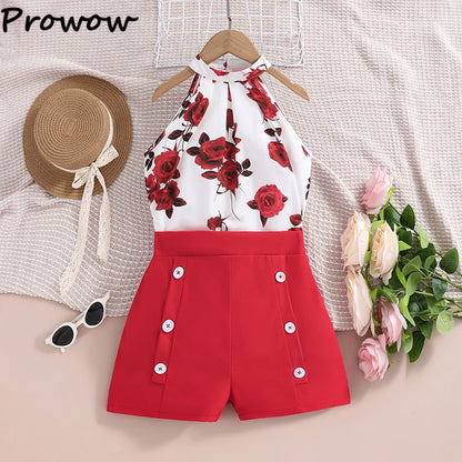 4-12Y Summer Sets For Girls Outfits Sleeveless Halter Neck Heart Top and Black Shorts Children Teenager