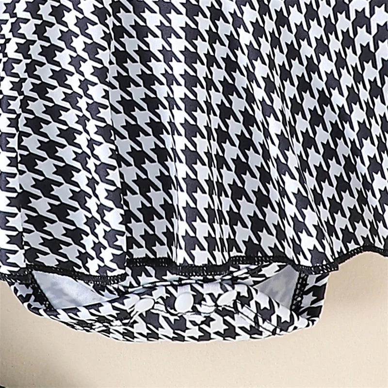 Long Sleeve Houndstooth Romper Dress with Headband and Long Socks