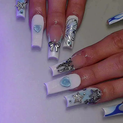 24Pcs Full Cover False Nails with Glue Long Square Coffin Fake Nails French Detachable Ballet Love Pattern Design Press on Nails
