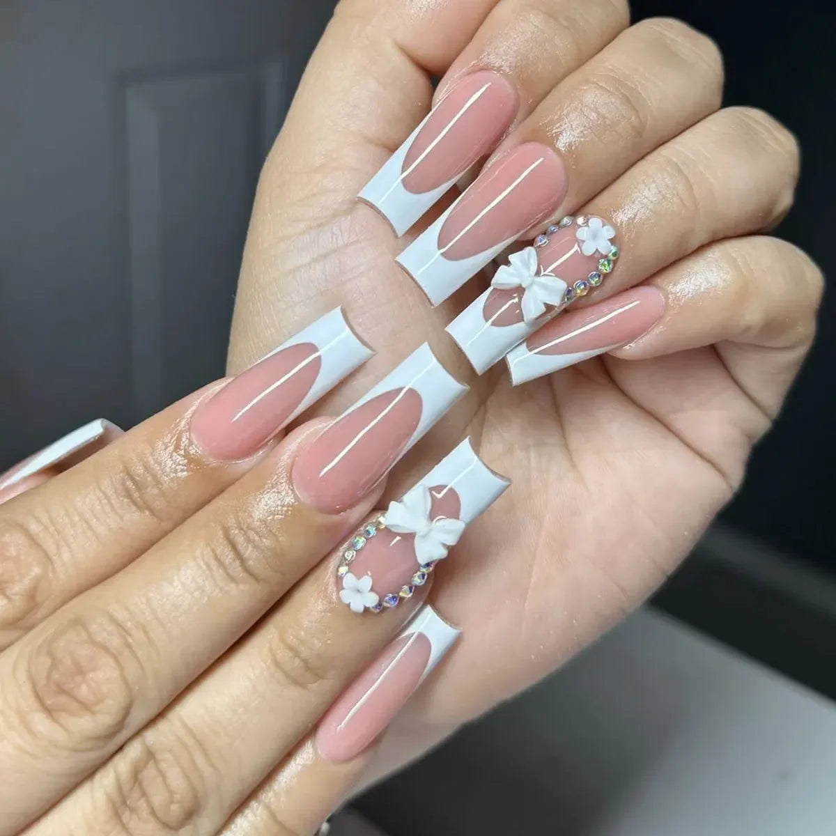 24Pcs Long Ballerina False Nails Press on Nails Serpentine Flower with Rhinestones French Fake Nails Wearable White Nail Tips