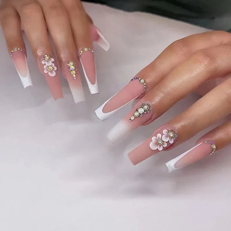 24Pcs Simple White French Press on Nails with Glue Long Ballet False Nails Wearable Coffin Fake Nails Full Cover Nail Tips