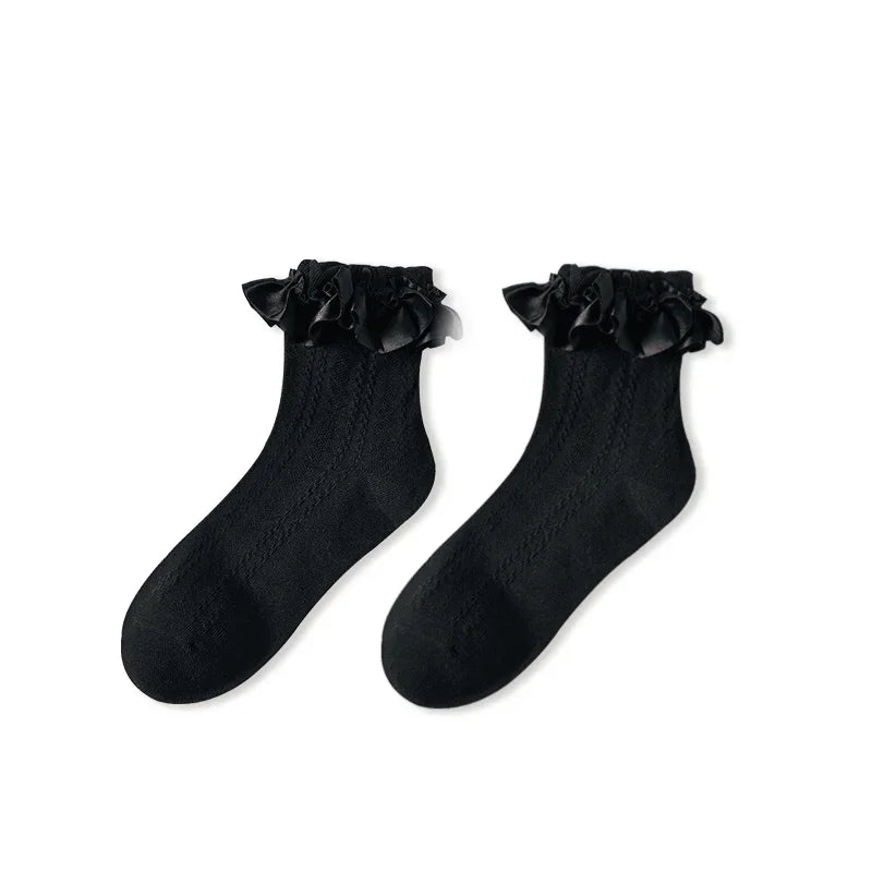 Woman Socks Solid Black White Lolita Lacework Ruffle Socks Summer Thin Japanese Style Kawaii Sweet Girls Cute Short Socks Women