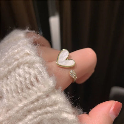 GUFTM Fashion Cute Shell Heart Rings for Women Girls Elegant Temperamental Gold Color Zircon Open Adjustable Ring