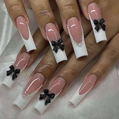 24Pcs Artifical False Nails with Glue Fake Nail Tips with Heart Designs Detachable Press on Nails XLong Finished False Nails tip