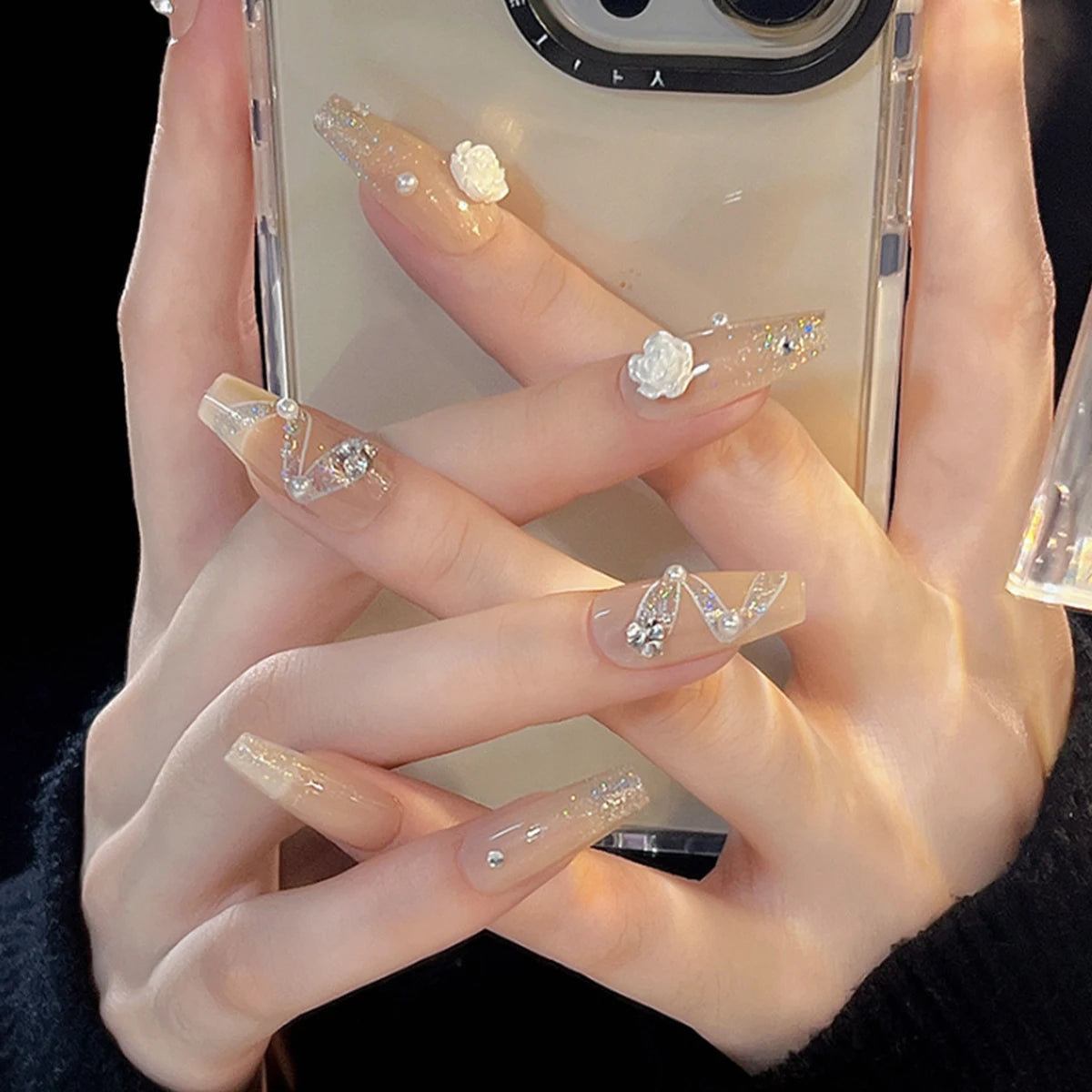 Luxury Ladies 24Pcs/Set Super Long Square French Leopard Print Pink Bow Heart Decoration Wearable Fake Nail  Press on Nail Art