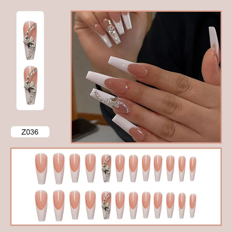 24pcs Artifical Fake Nails Long Coffin French Ballerina Wearable False Nail Tips Finished Rhinstones Flower Design Press on Nail
