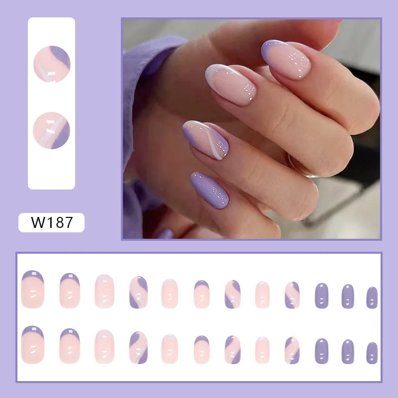 24pcs/Box Ballerina Nail Tip Purple with Design Manicure Patches Fresh Floral Almond False Nails Press on Med Nails Detachable