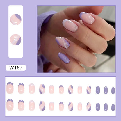 24pcs/Box Ballerina Nail Tip Purple with Design Manicure Patches Fresh Floral Almond False Nails Press on Med Nails Detachable