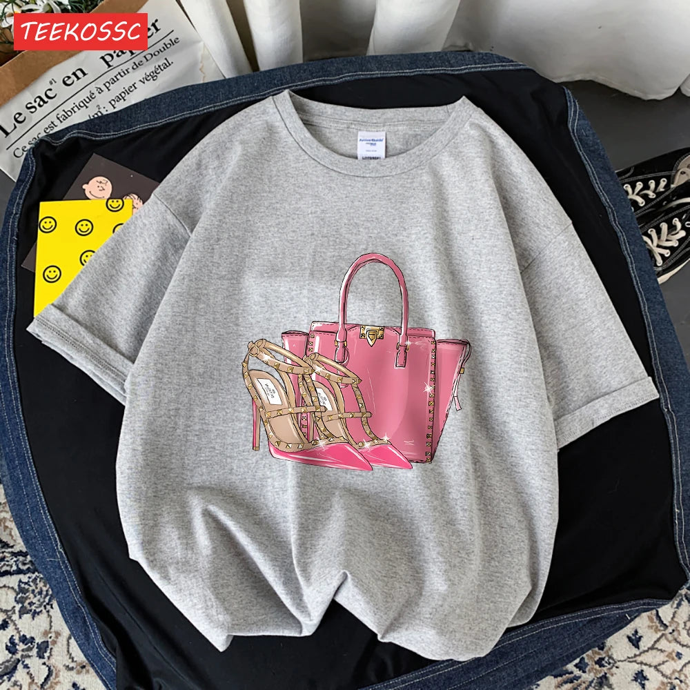 Fashionable Bags And Pink High Heels Print Men Tees Graphic Art T-Shirts High-Quality Cotton Tee Shirt Cotton Loose Clothing