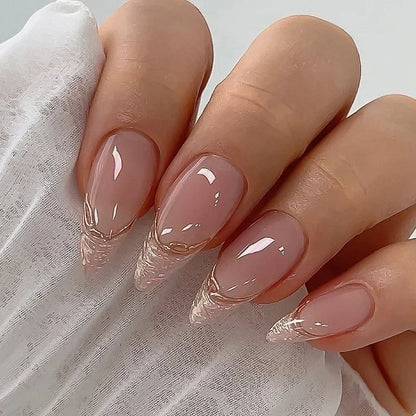 24Pcs Pink Almond French Press on Nails With 3D Bow ripple charms Design Fake Nails Ballerina False Nails Full Cover Nail Tips