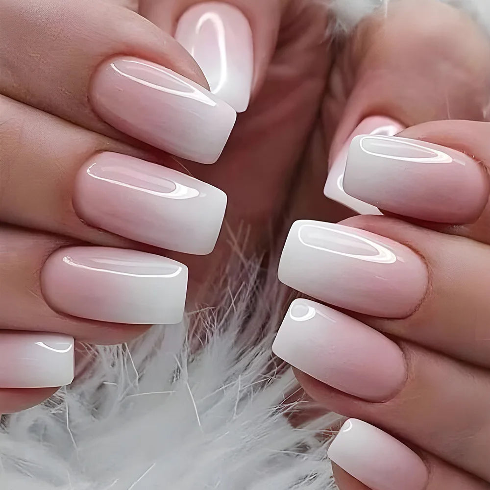 24Pcs Short Square Nude Fake Nails Art White Edge Glossy Artificial French False Nails Removable Full Cover Press on Nail Tips