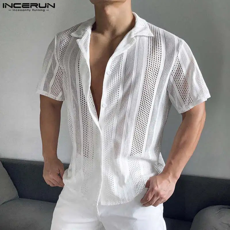 INCERUN Men's Shirt Mesh Transparent Lapel Short Sleeve