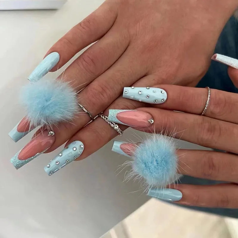 24Ps Super Long Ballet Wearable Fake Nails Blue Diamond Small Flower Press on Nail Stickers Finished Removable False Nail Pieces
