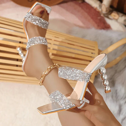 Aneikeh Sexy Silver Sequin rhinestone PVC Slippers For Women Square Toe Strange High Heels Sandals Summer Fashion Party Shoes