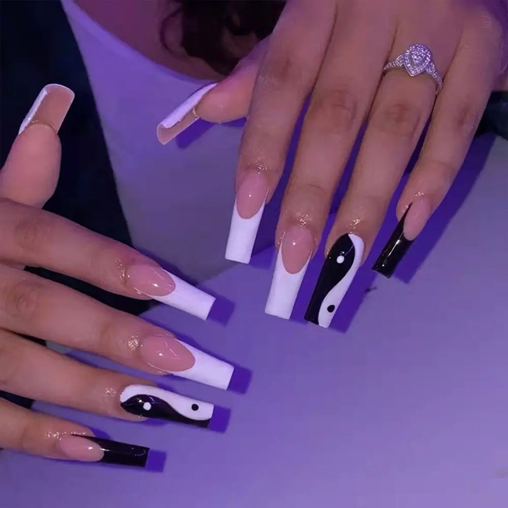 24Pcs Long Coffin False Nails White Black Designs Wearable French Ballerina Fake Nails Press On Full Cover Manicure Nail Tips