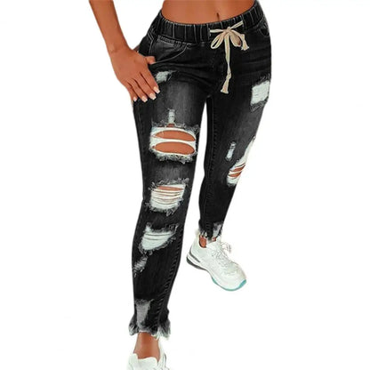 Stretchy Ripped Hole Jeans Women  Straight Denim Trousers High Waist