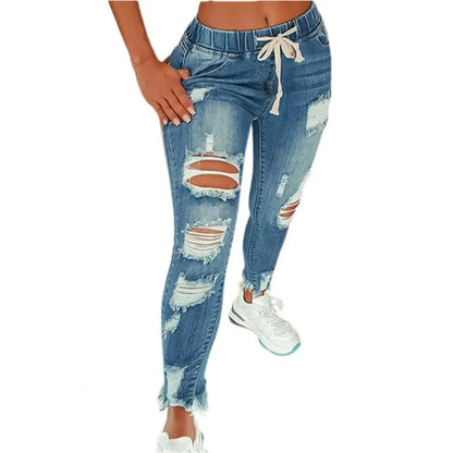 Stretchy Ripped Hole Jeans Women  Straight Denim Trousers High Waist