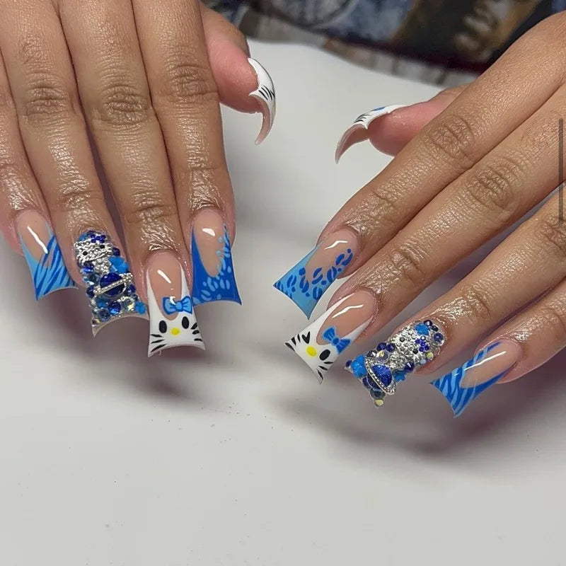 Y2K duck Press on Nails 24pcs Hellokitty Design Blue Rhinestone Decor Acrylic French Tips